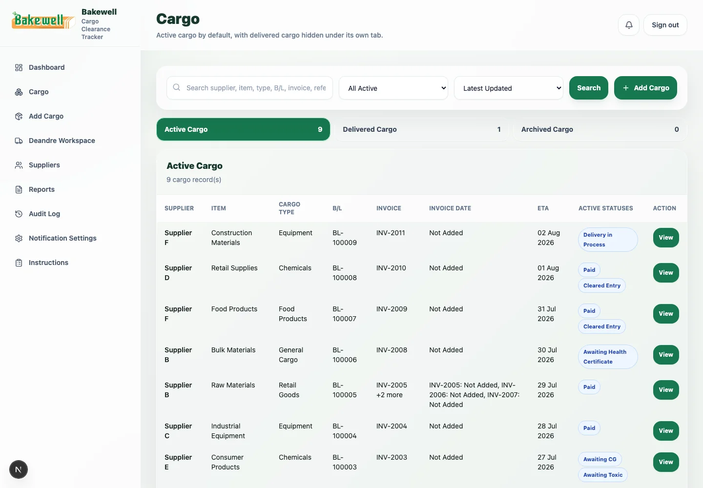 Bakewell cargo clearance dashboard with active shipment counts and cargo monitor on desktop