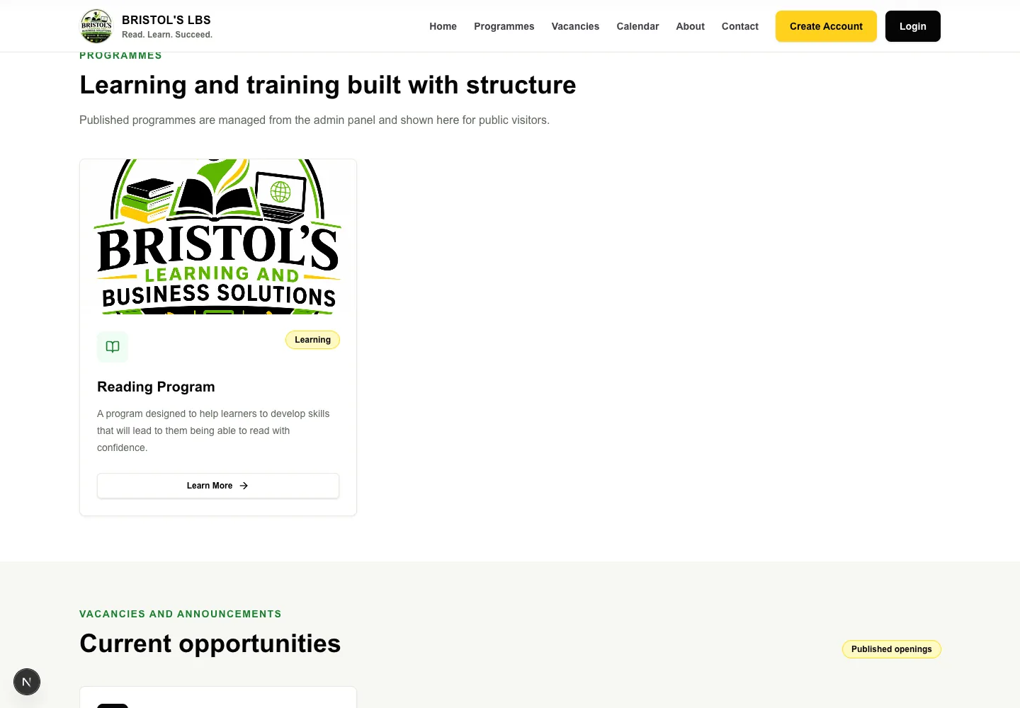 Bristol's Learning and Business Solutions — Learning Platform — additional page screenshot
