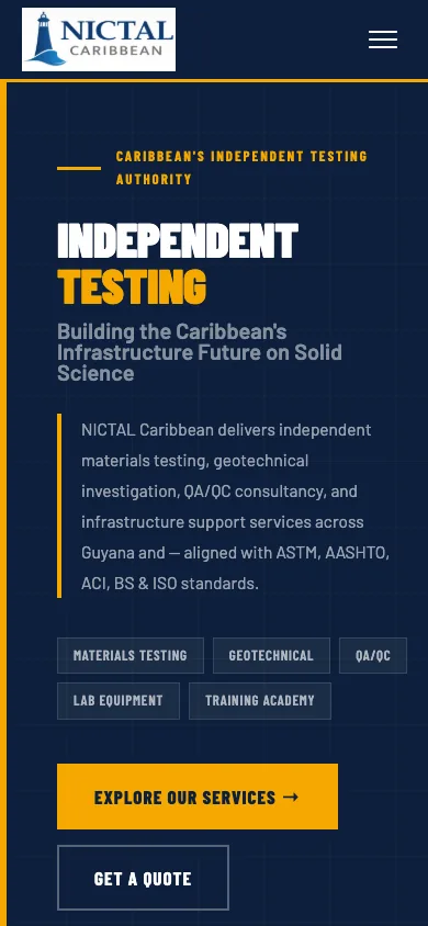 NICTAL Caribbean — Materials Testing & Training Website — mobile view screenshot